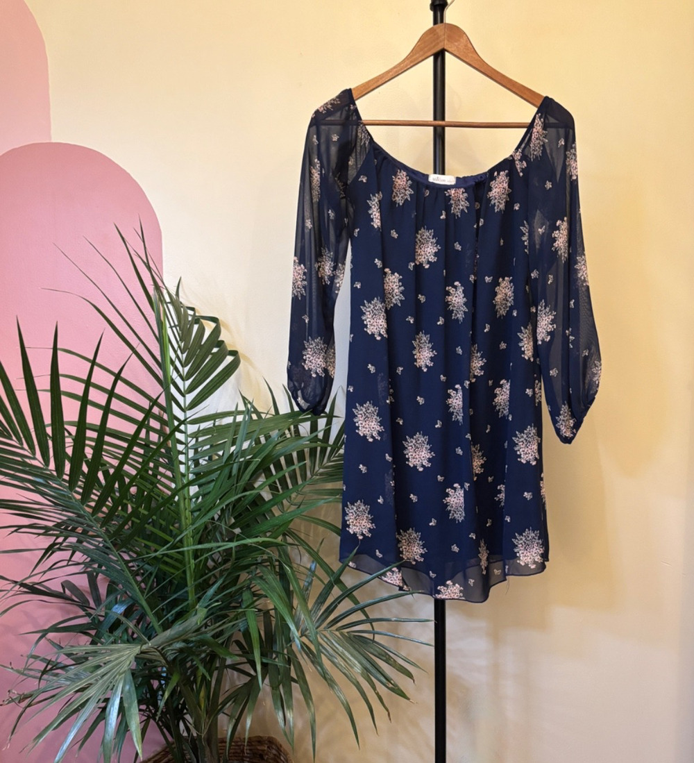 Millibon Navy Floral Chiffon Shift Dress Round Neck Puff Sleeve Boho Size Large